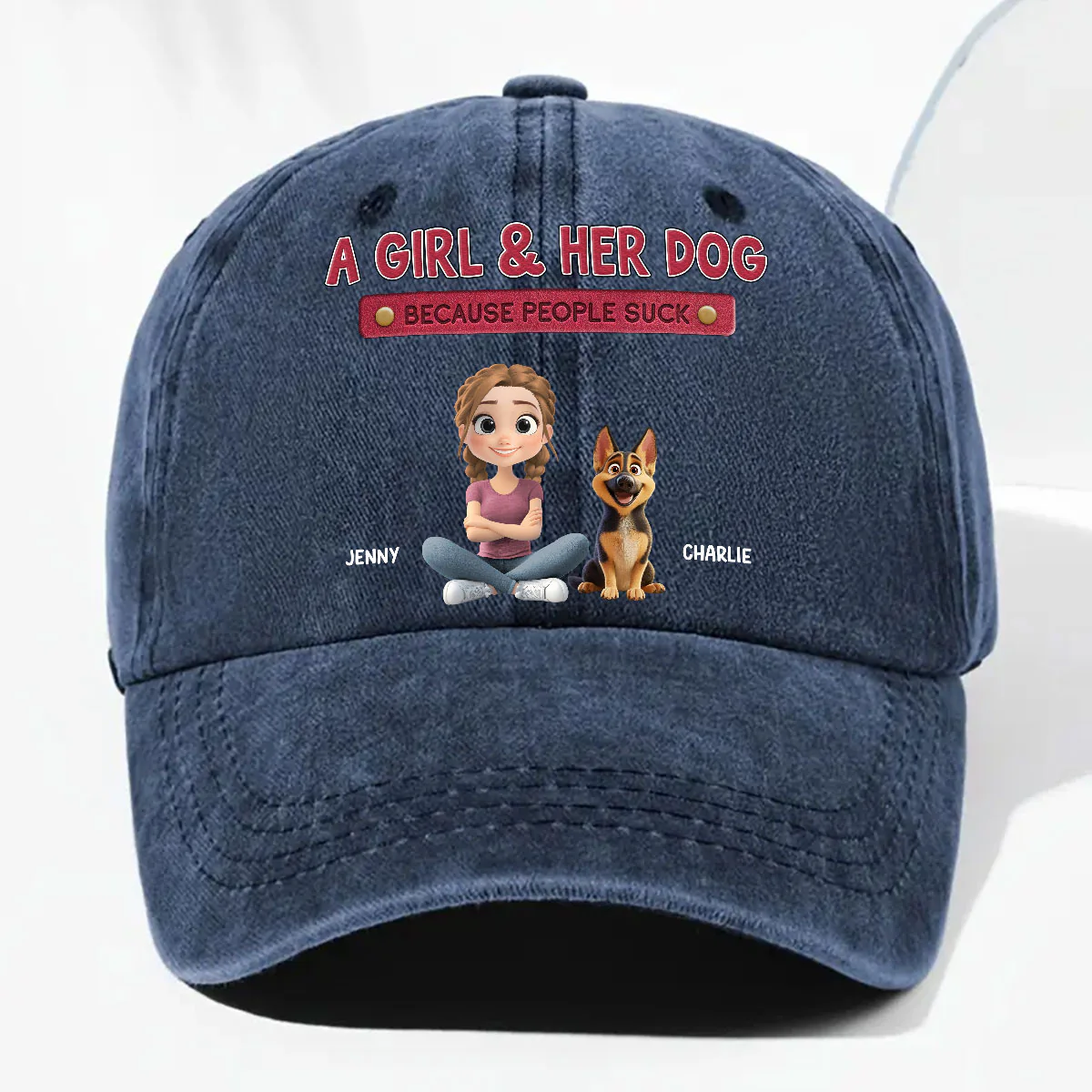 A Lady And Her Dog - Personalized Custom Vintage Washed Denim Cap - Image 6