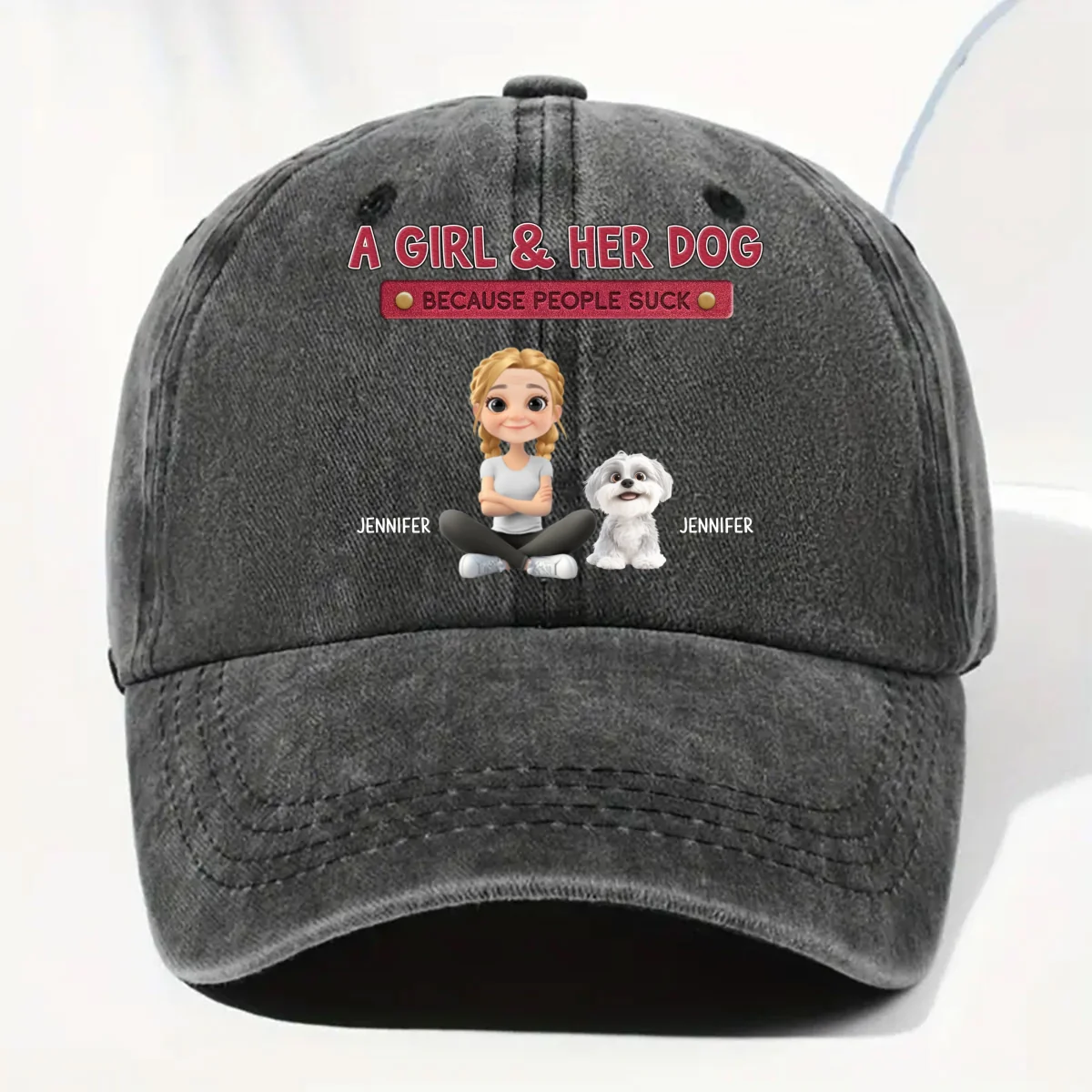 A Lady And Her Dog - Personalized Custom Vintage Washed Denim Cap - Image 8