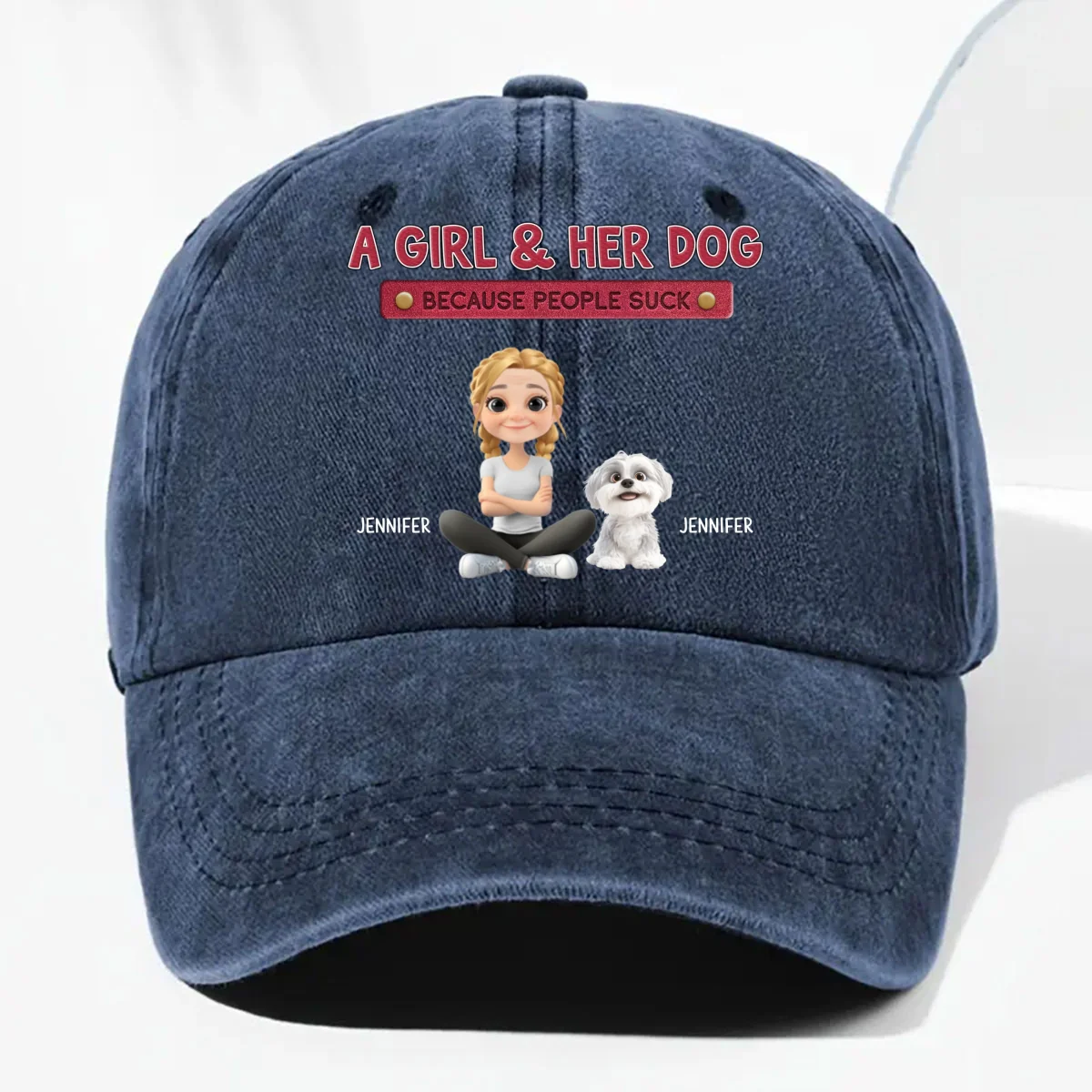 A Lady And Her Dog - Personalized Custom Vintage Washed Denim Cap - Image 9