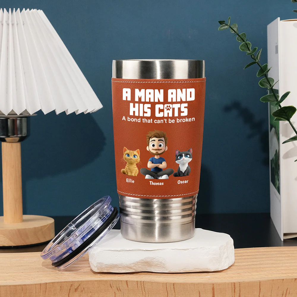 A Man And His Cats - Personalized Custom Leather Tumbler - Image 3