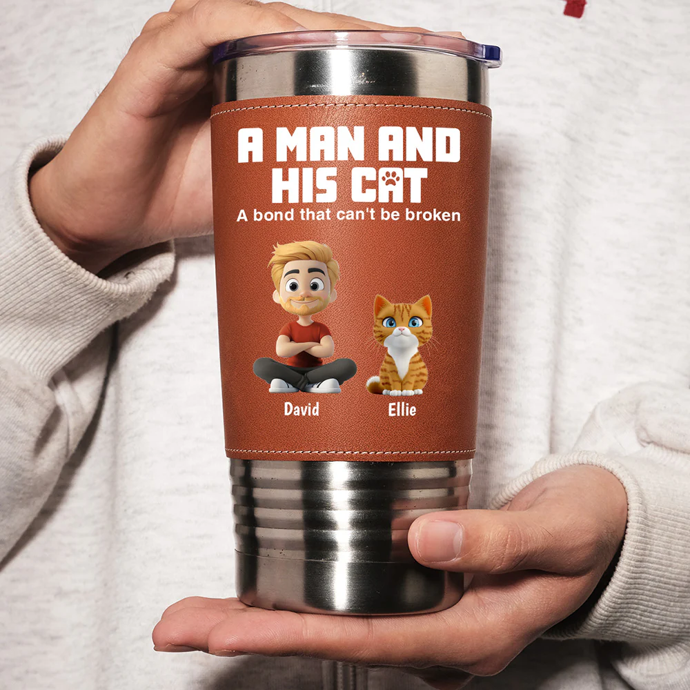 A Man And His Cats - Personalized Custom Leather Tumbler - Image 4