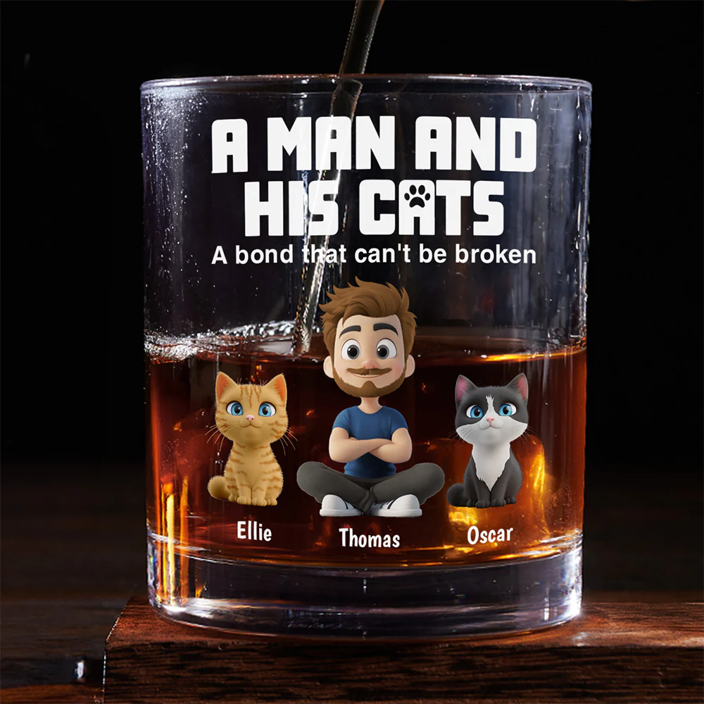 A Man And His Cats - Personalized Custom Whiskey Glass - Image 2
