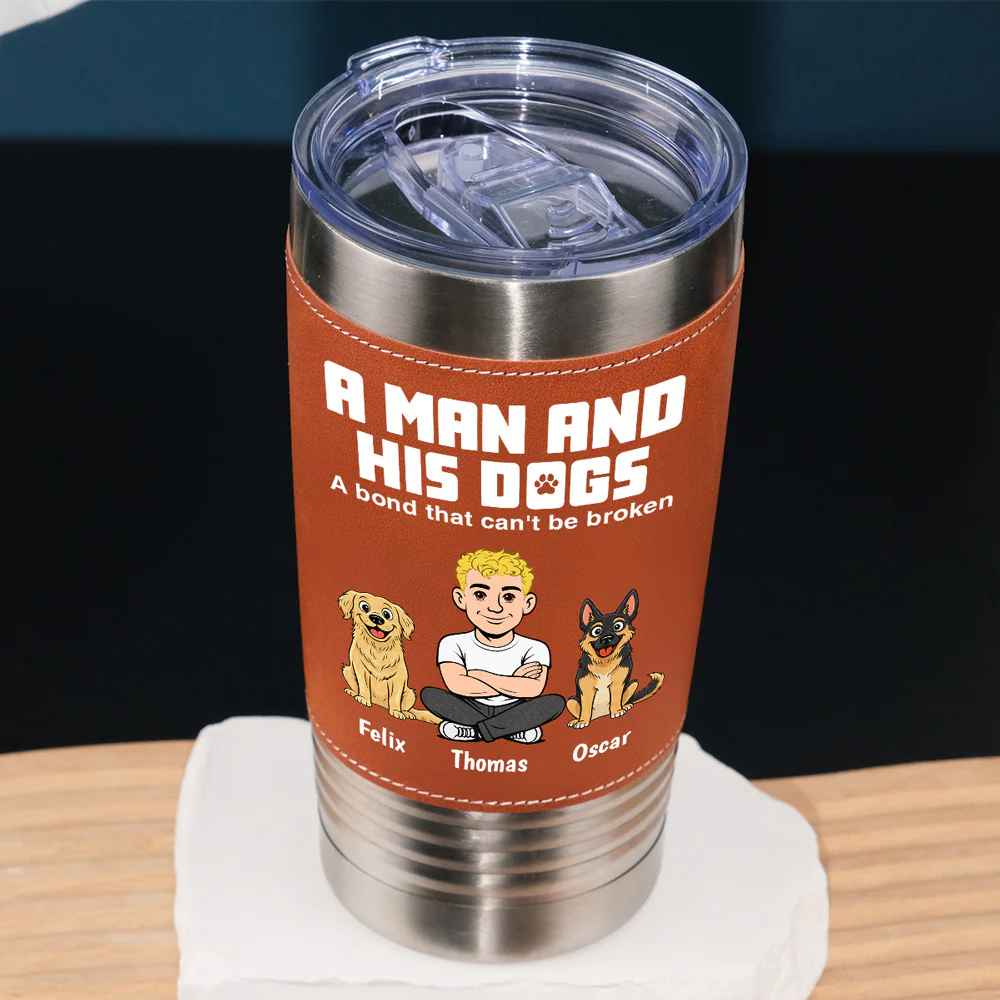 A Man And His Dogs Full Retro - Personalized Custom Leather Tumbler - Image 5