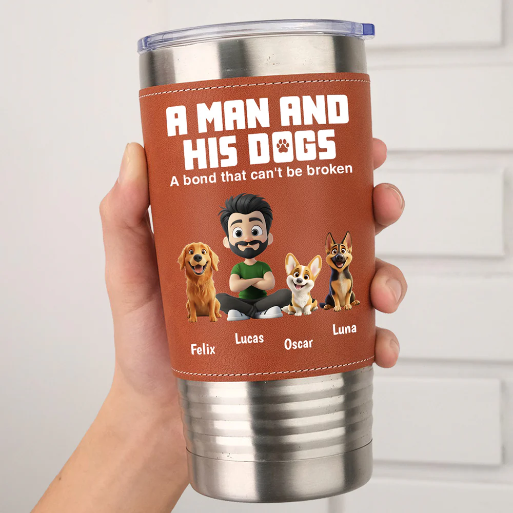 A Man And His Dogs - Personalized Custom Leather Tumbler - Image 3