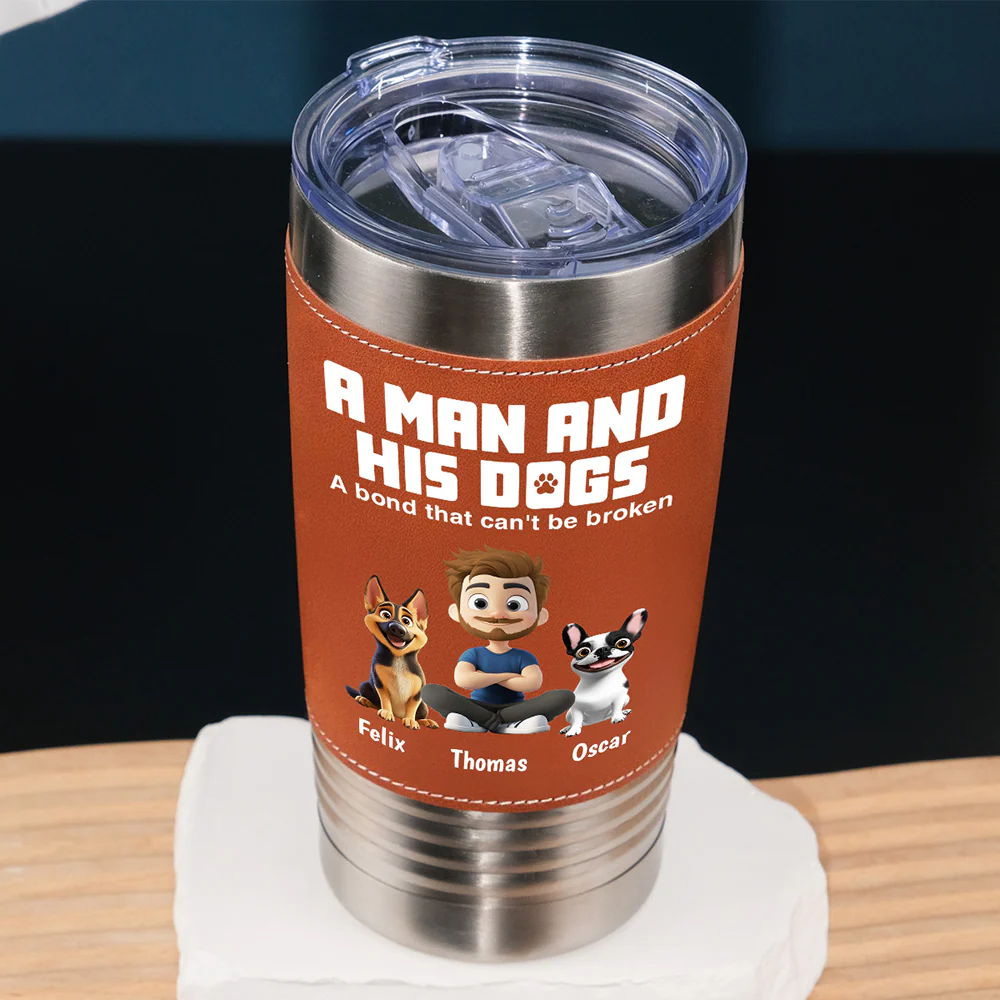 A Man And His Dogs - Personalized Custom Leather Tumbler - Image 4
