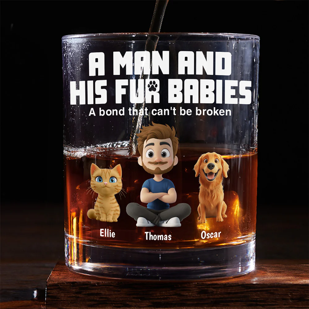 A Man And His Pets - Personalized Custom Whiskey Glass - Image 2