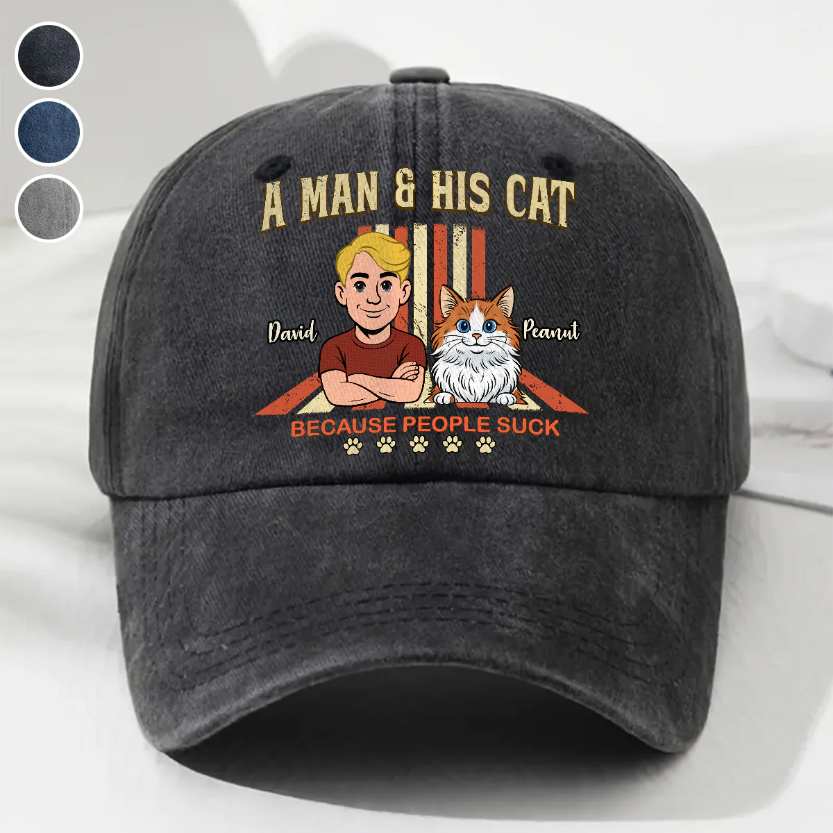 A Man And His Retro Cat - Personalized Custom Vintage Washed Denim Cap