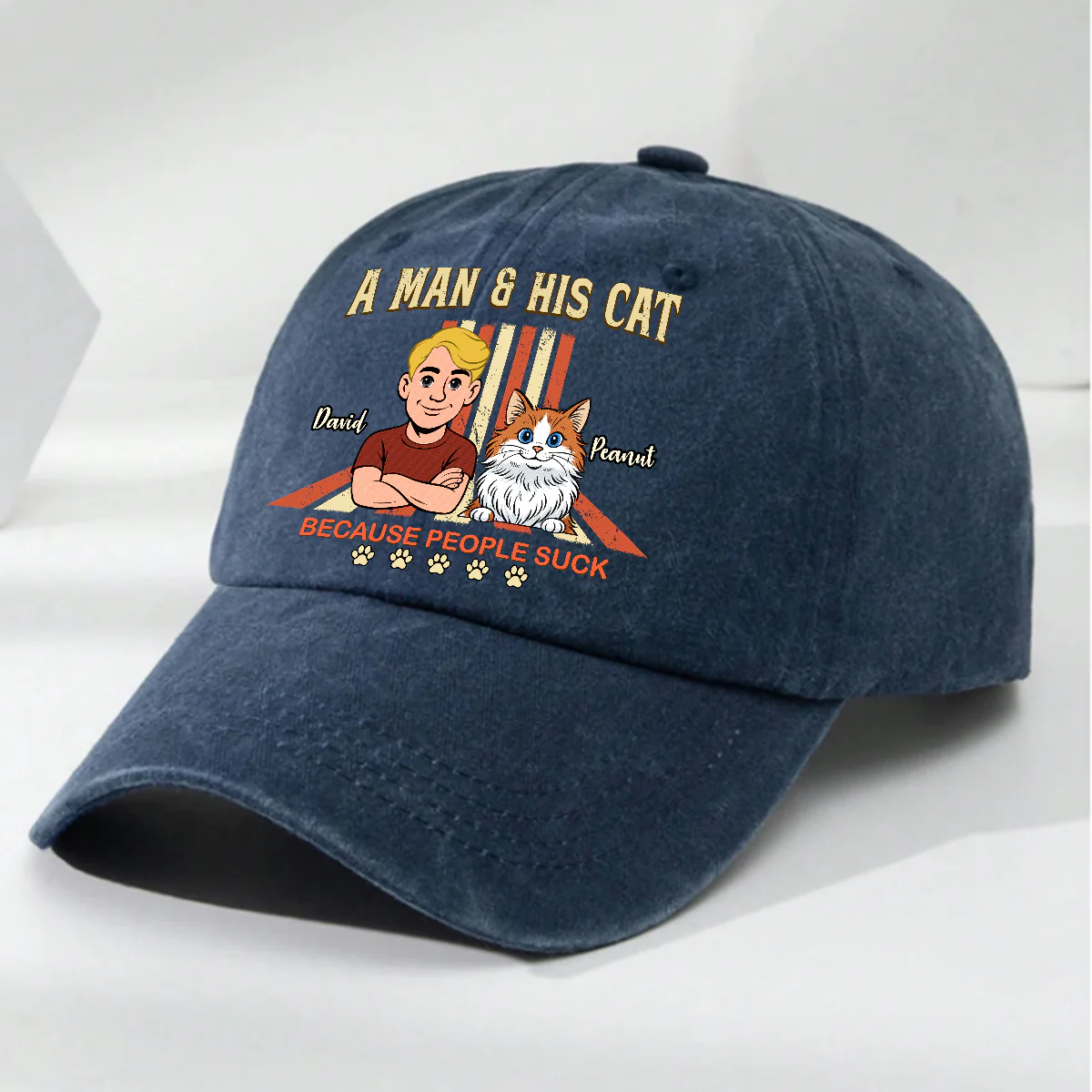 A Man And His Retro Cat - Personalized Custom Vintage Washed Denim Cap - Image 2