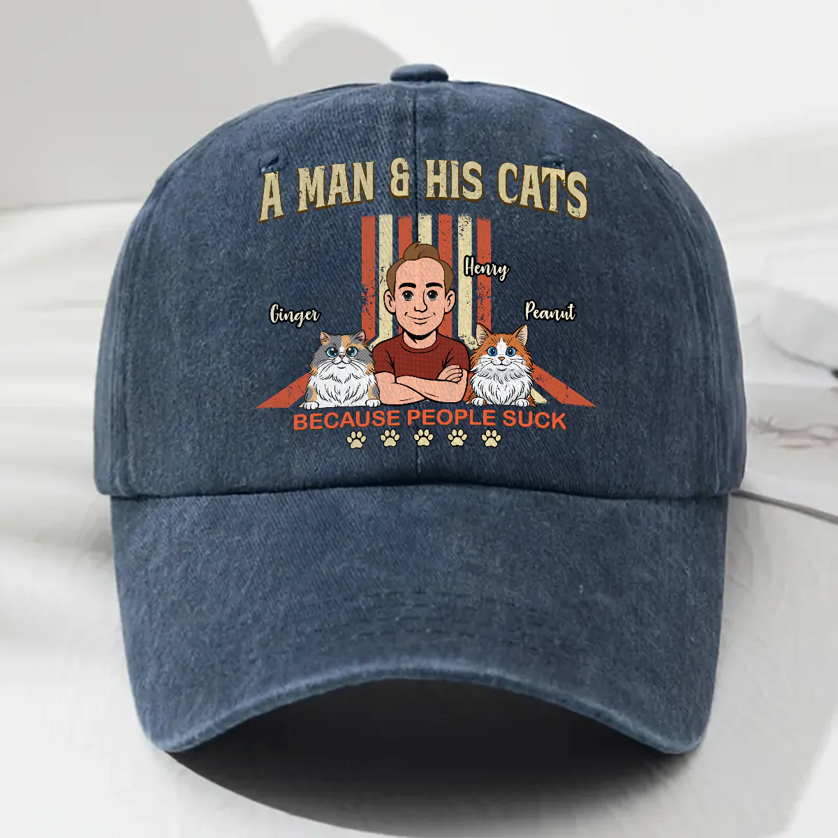 A Man And His Retro Cat - Personalized Custom Vintage Washed Denim Cap - Image 3