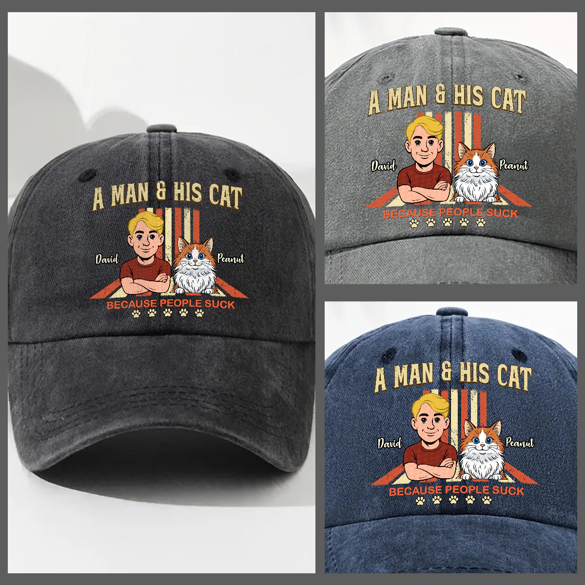 A Man And His Retro Cat - Personalized Custom Vintage Washed Denim Cap - Image 4