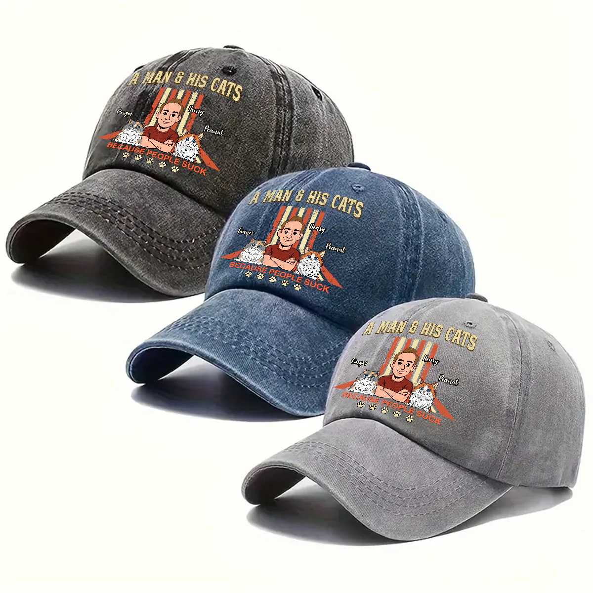 A Man And His Retro Cat - Personalized Custom Vintage Washed Denim Cap - Image 5