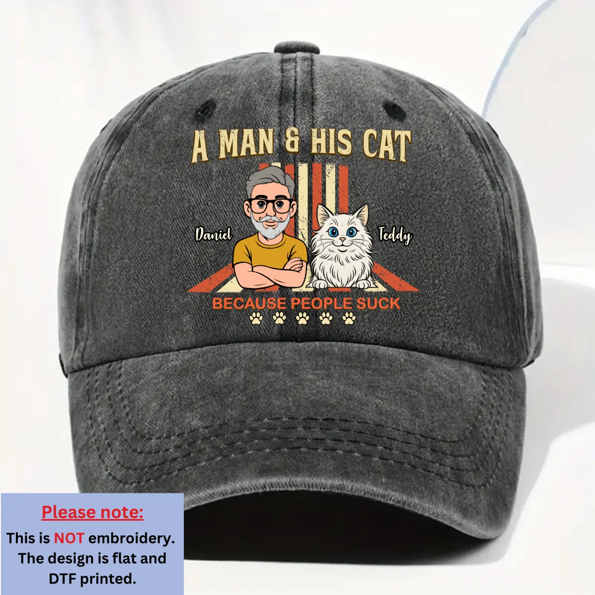 A Man And His Retro Cat - Personalized Custom Vintage Washed Denim Cap - Image 7
