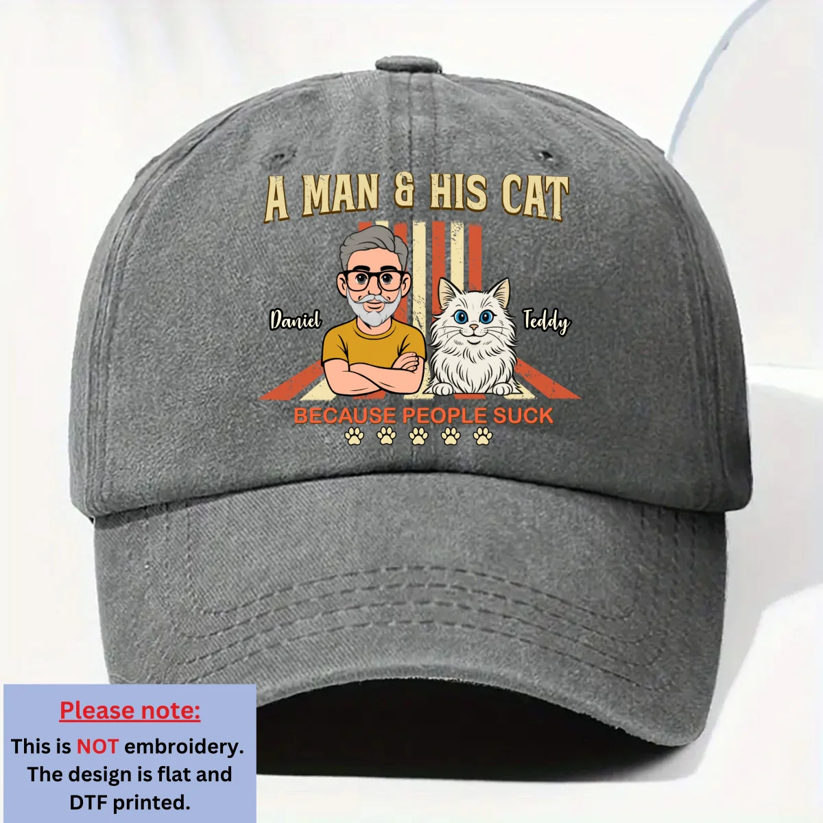 A Man And His Retro Cat - Personalized Custom Vintage Washed Denim Cap - Image 8