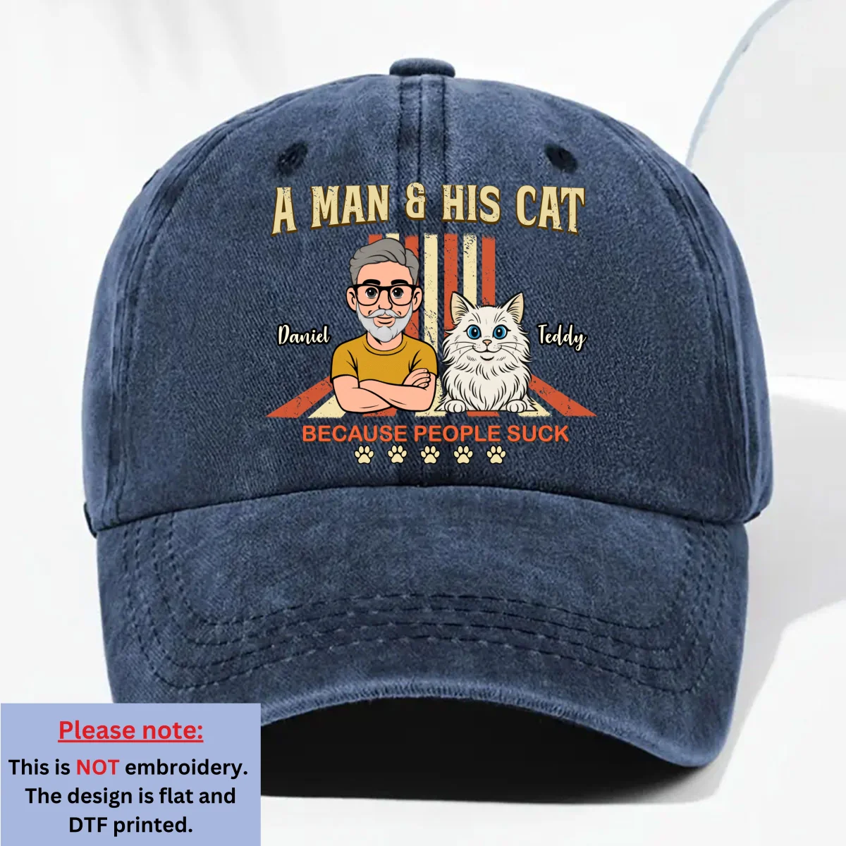 A Man And His Retro Cat - Personalized Custom Vintage Washed Denim Cap - Image 9