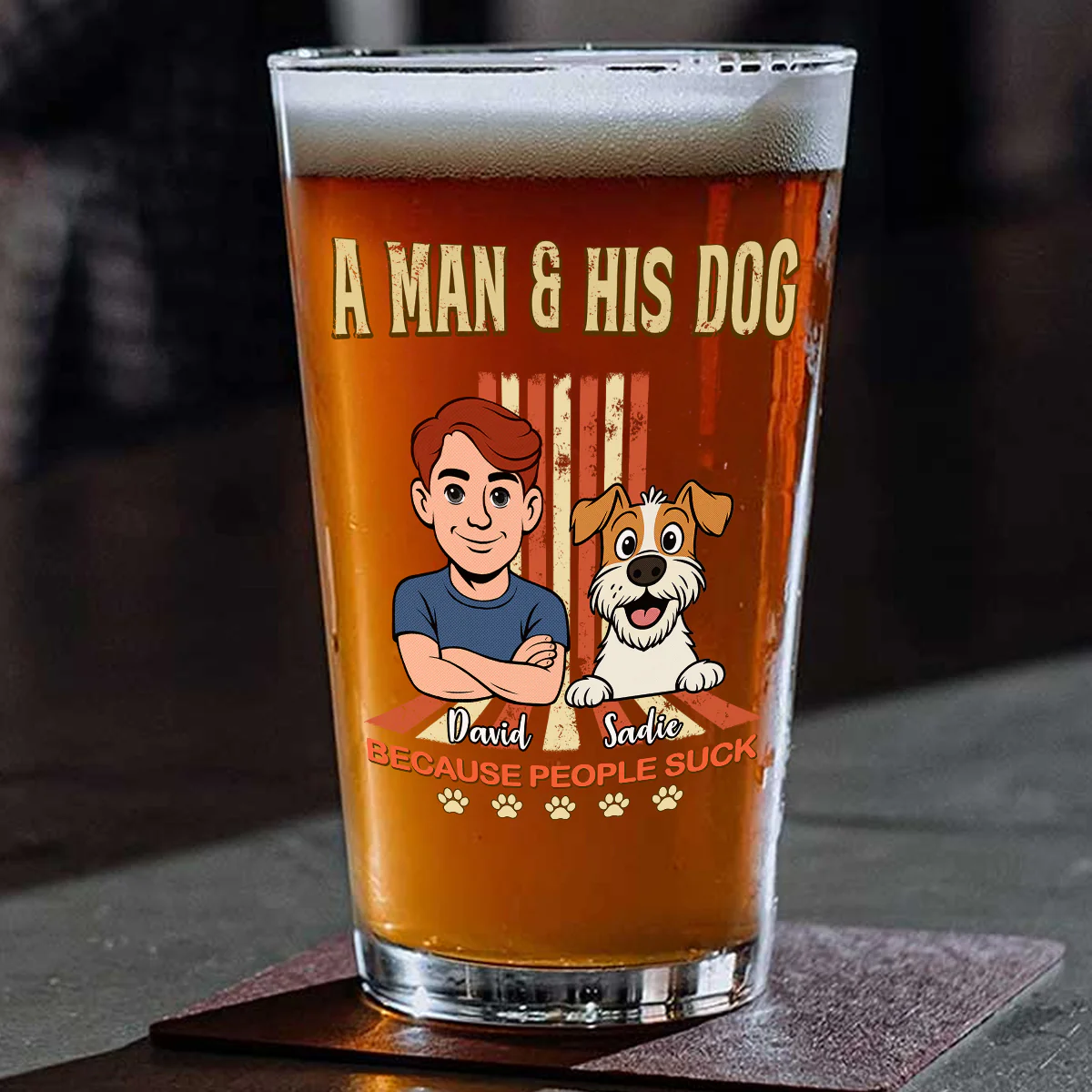 A Man And His Retro Dog - Personalized Custom Beer Glass - Image 2