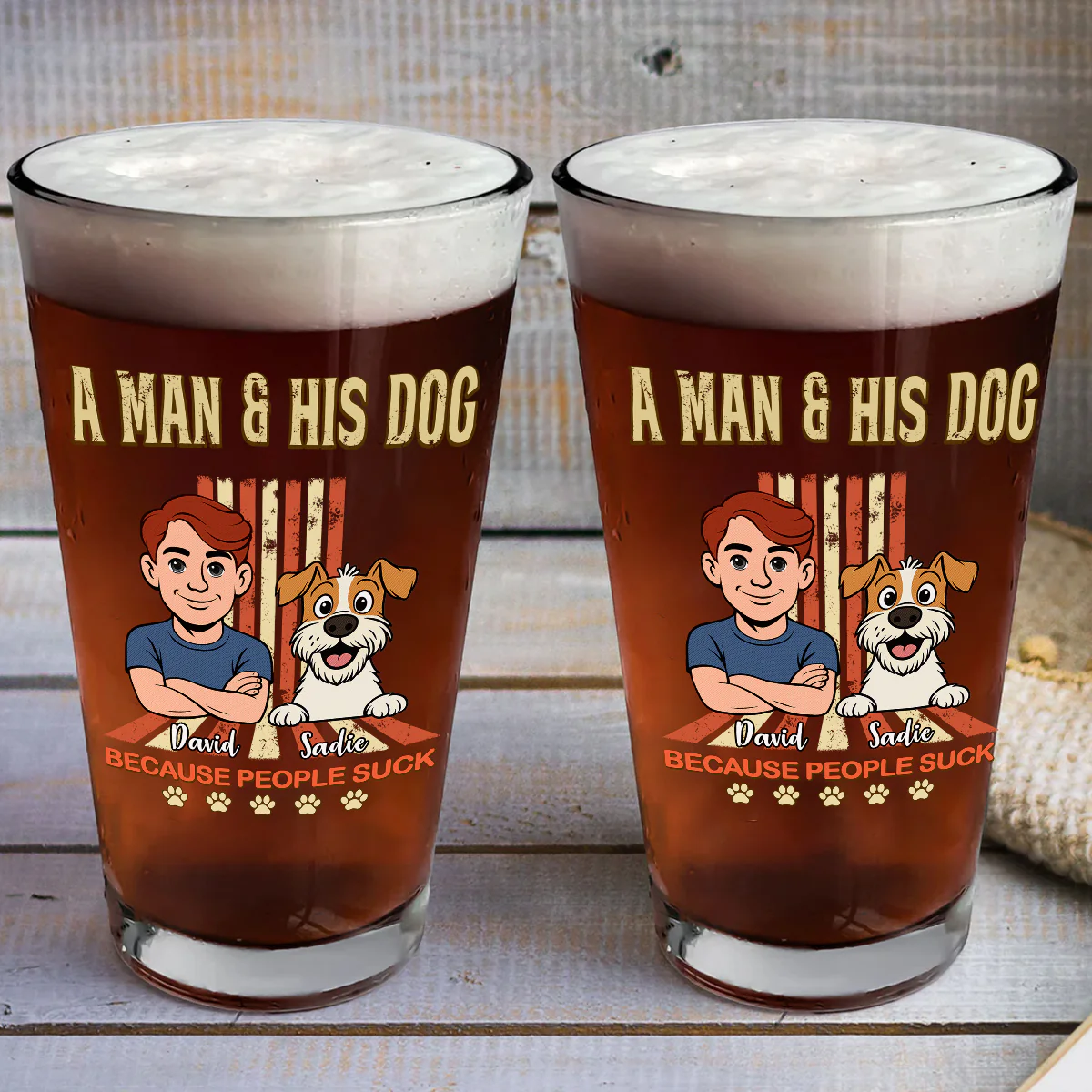 A Man And His Retro Dog - Personalized Custom Beer Glass - Image 3
