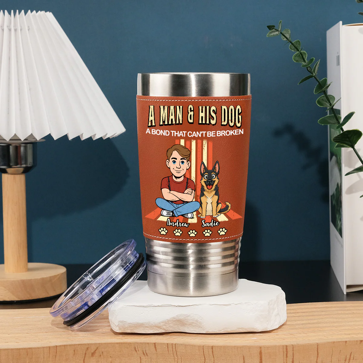 A Man And His Retro Dog - Personalized Custom Leather Tumbler - Image 4