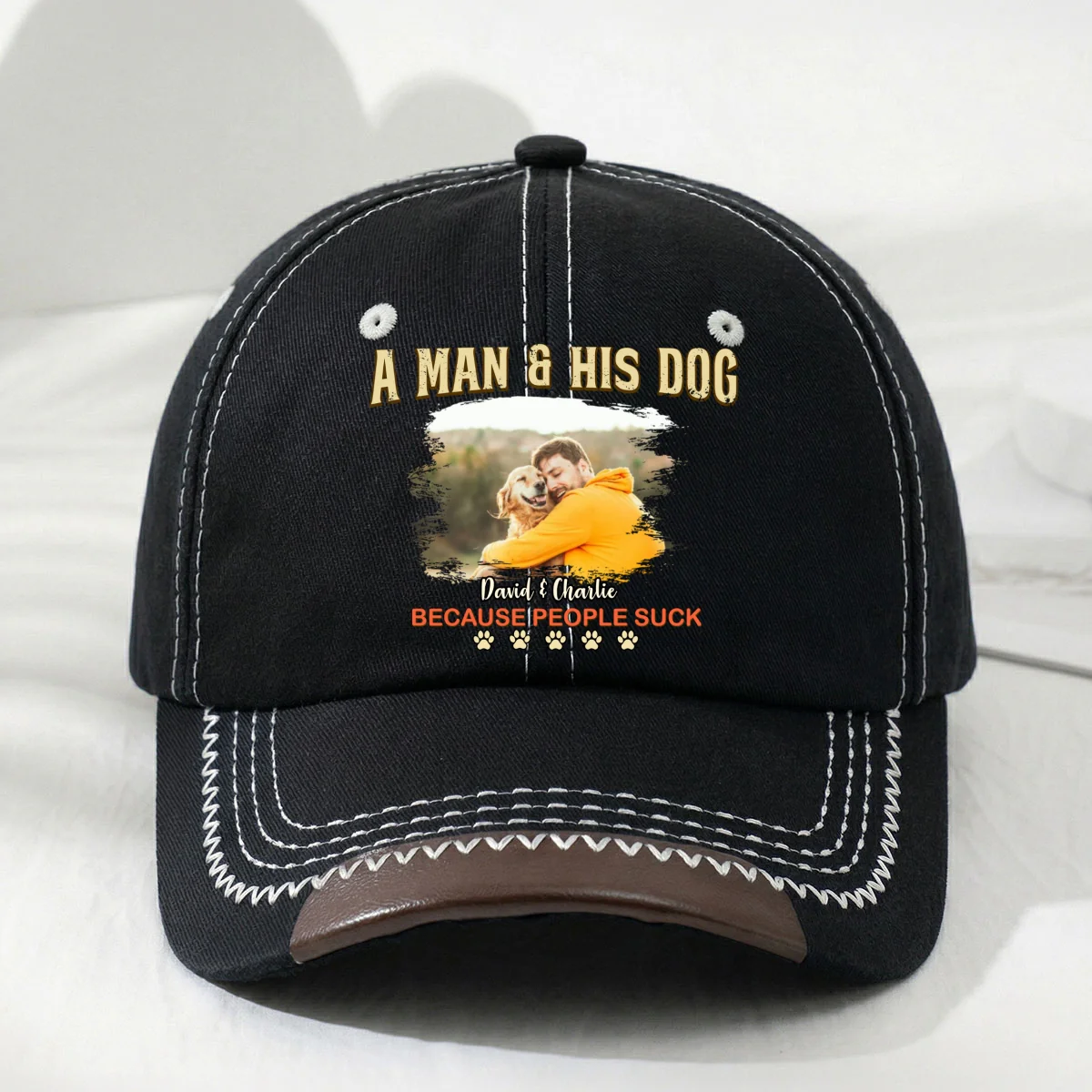 A Man And His Retro Dog Photo - Personalized Custom Vintage Soft Baseball Cap - Image 3
