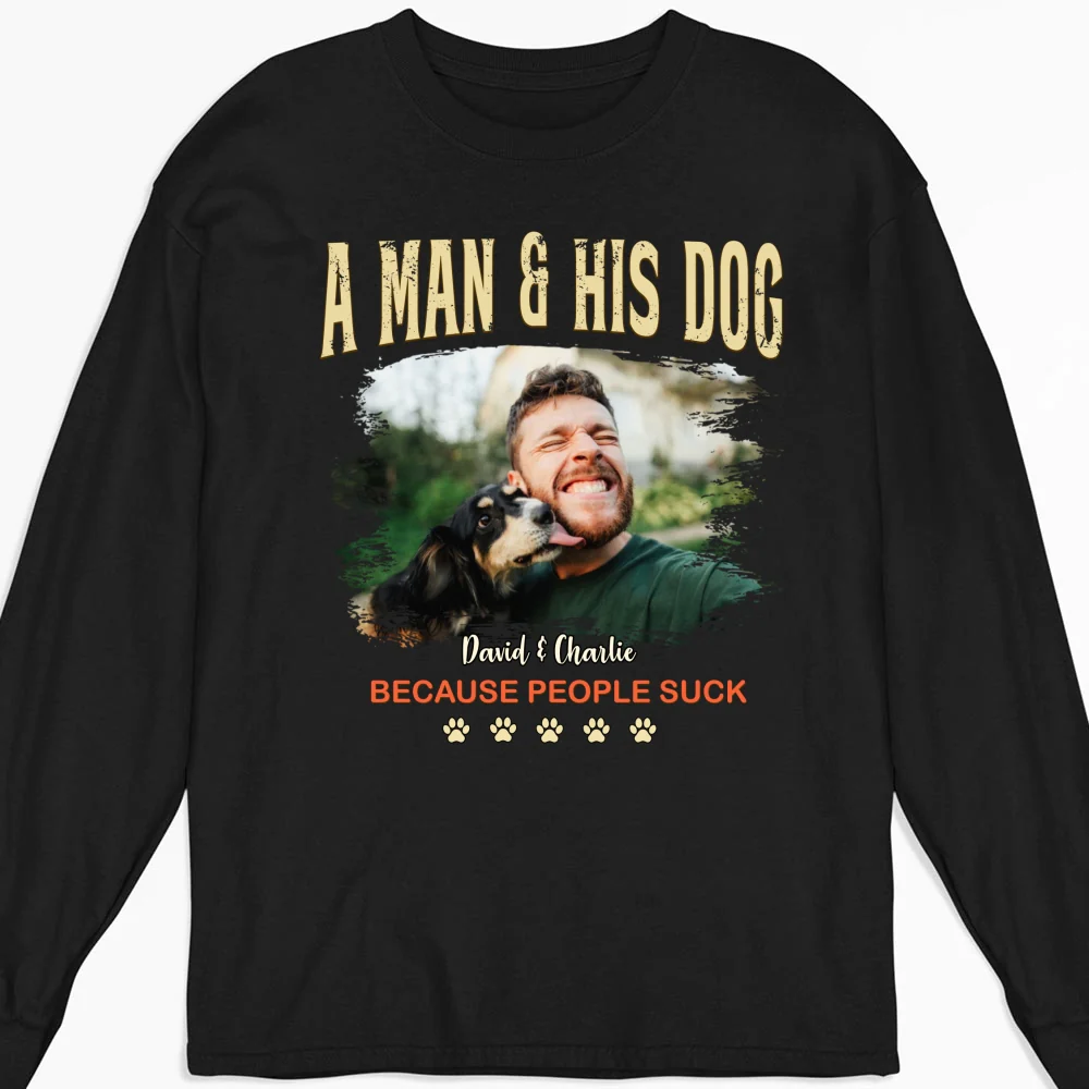 A Man And His Retro Dog Photo - Personalized Custom Long Sleeve T-shirt - Image 2