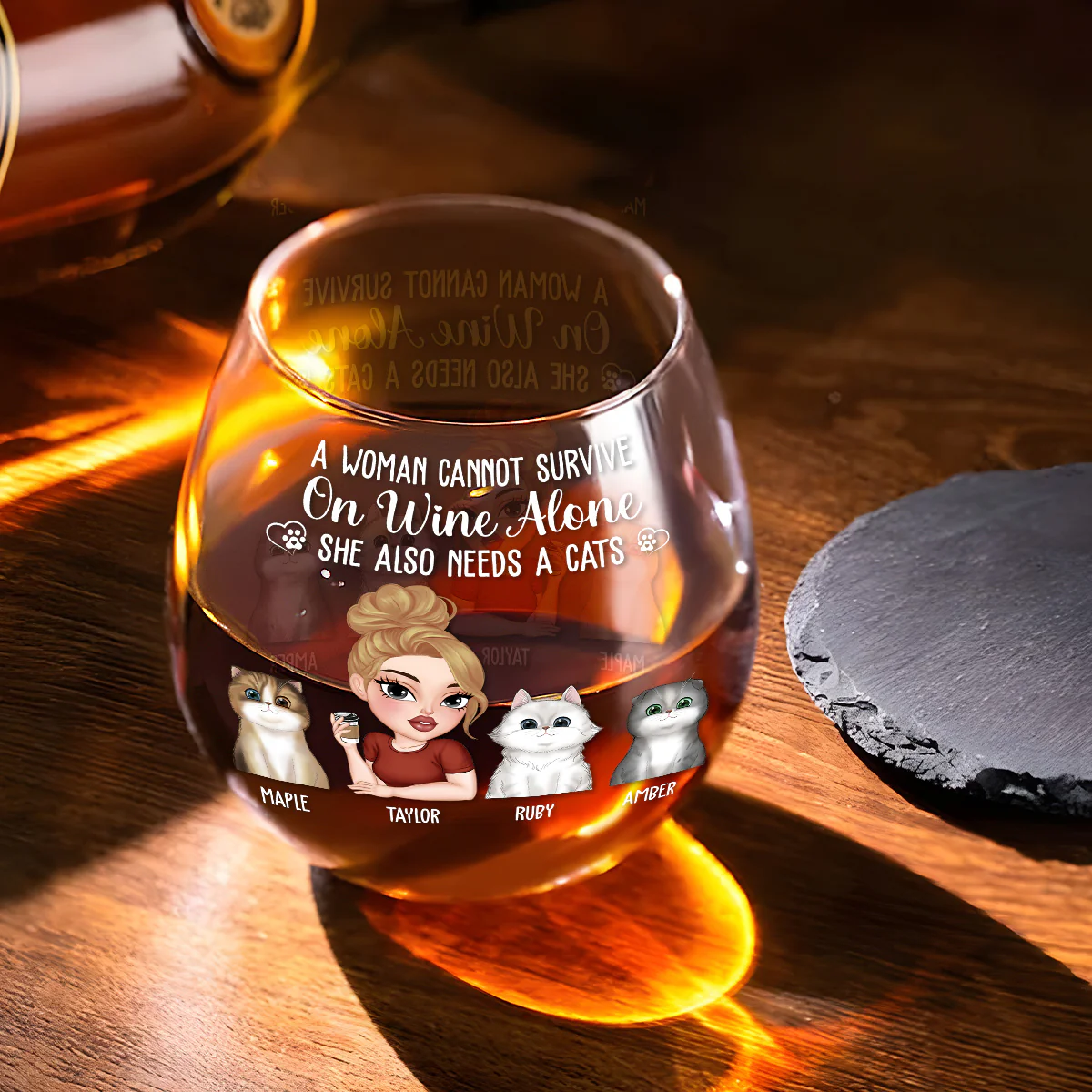 A Woman And Her Cat - Personalized Custom Wine Glass - Image 2