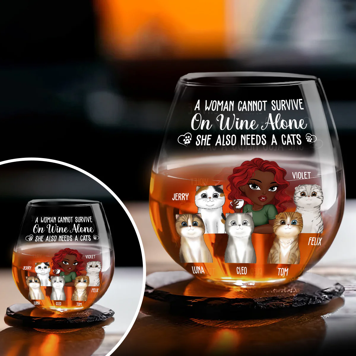 A Woman And Her Cat - Personalized Custom Wine Glass - Image 4
