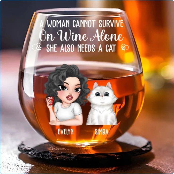 A Woman And Her Cat - Personalized Custom Wine Glass - Image 5