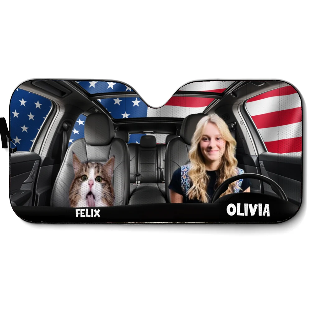 American Cat Photo - Personalized Car Sunshade - Image 2
