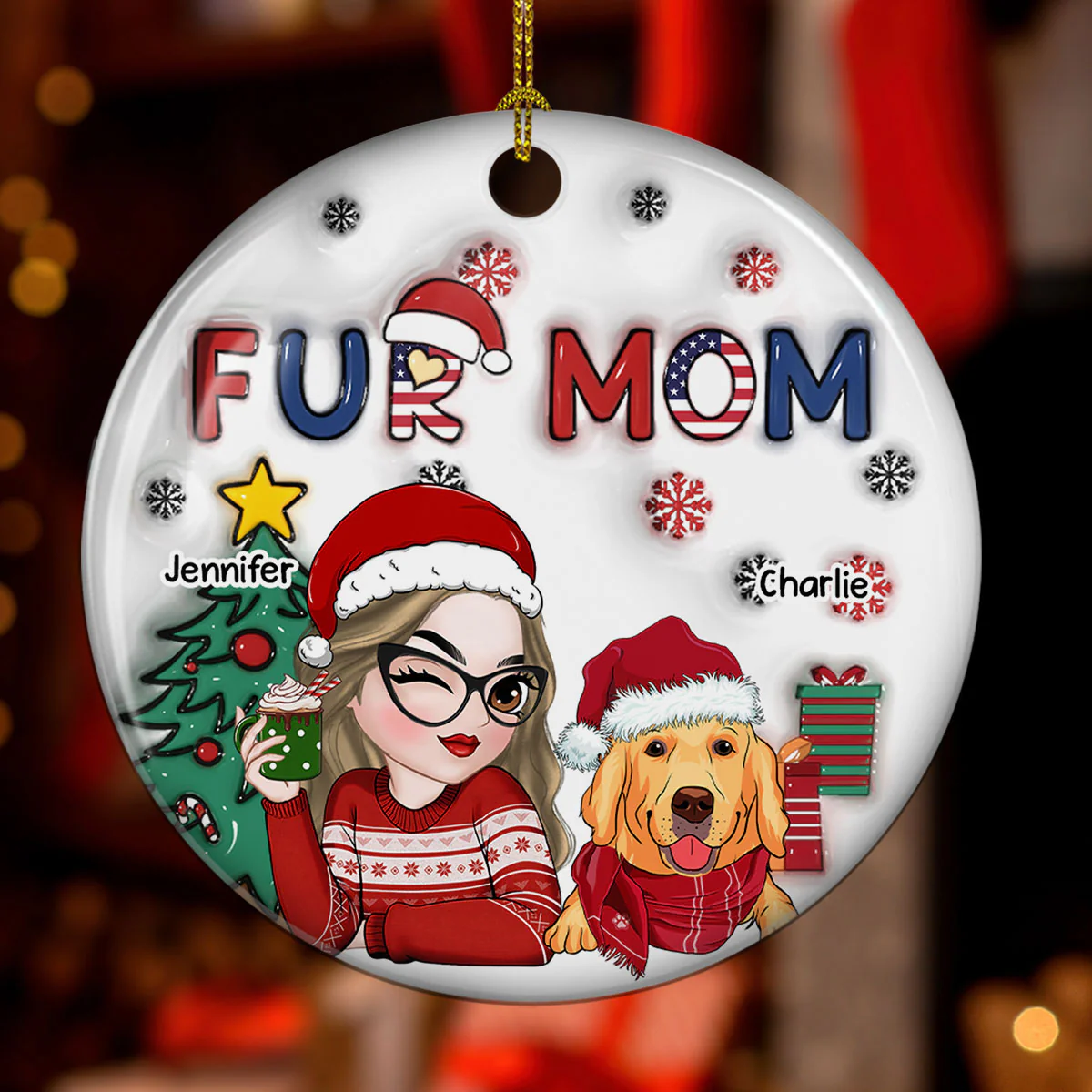 American Fur Mom Christmas - Personalized Custom 3D Inflated Effect Ceramic Ornament - Image 2