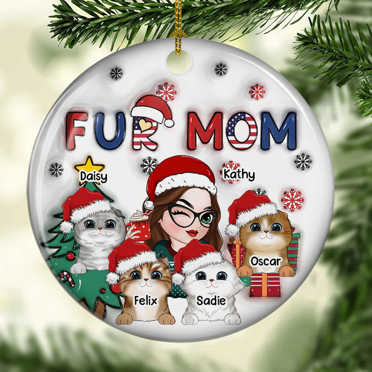 American Fur Mom Christmas - Personalized Custom 3D Inflated Effect Ceramic Ornament - Image 5