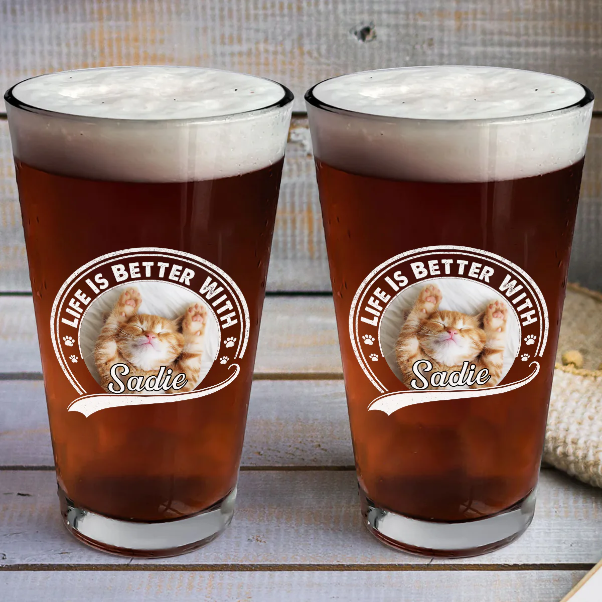 Better Life With My Cat Photo - Personalized Custom Beer Glass - Image 3
