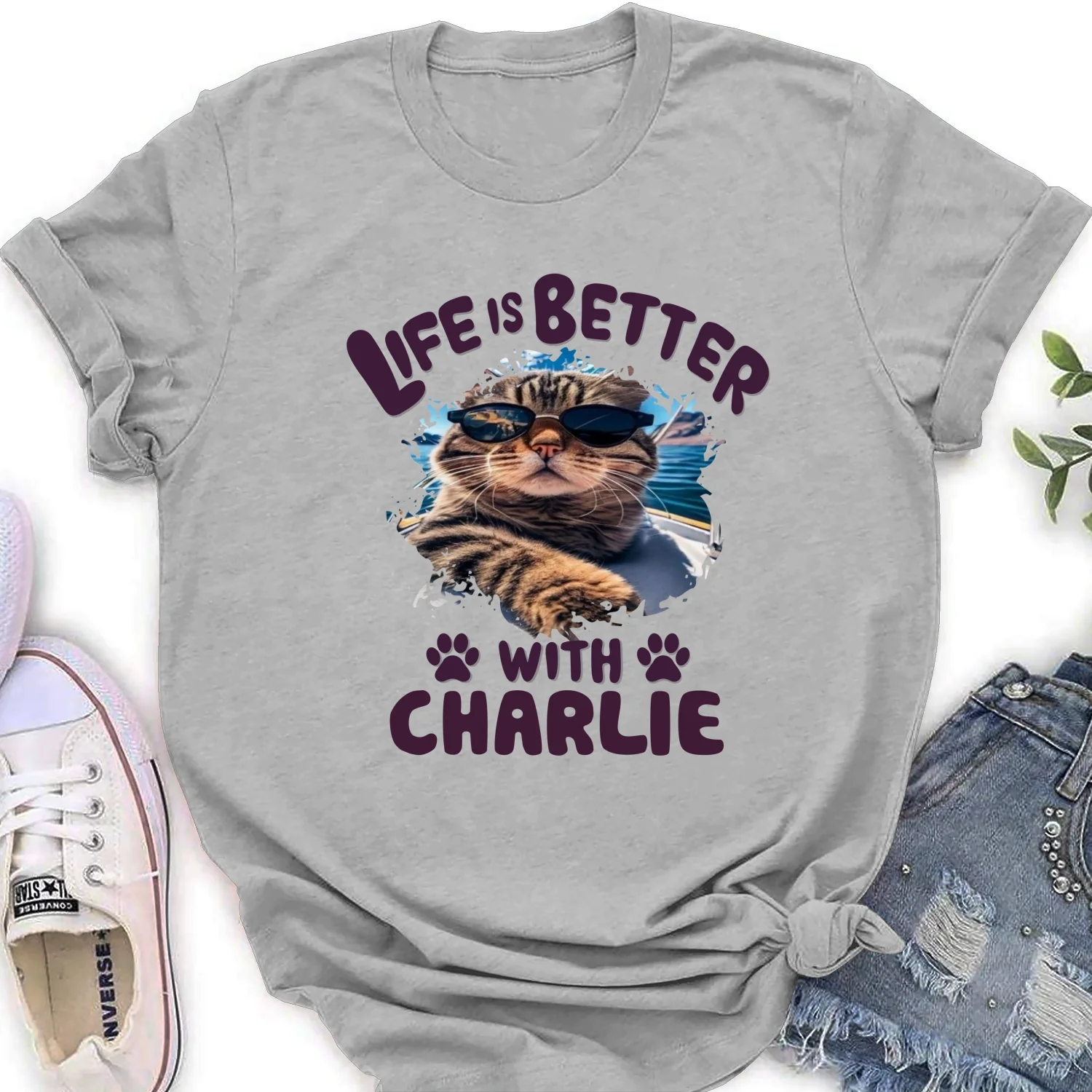 Better Life With My Cat Photo  - Personalized Custom Women's T-Shirt - Image 6