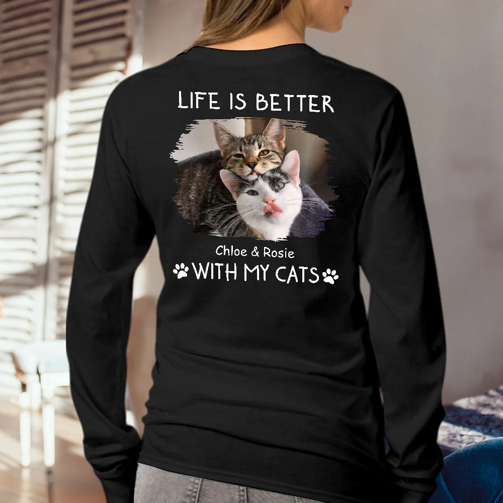 Better With Cats Photo - Personalized Custom Long Sleeve T-shirt - Image 2