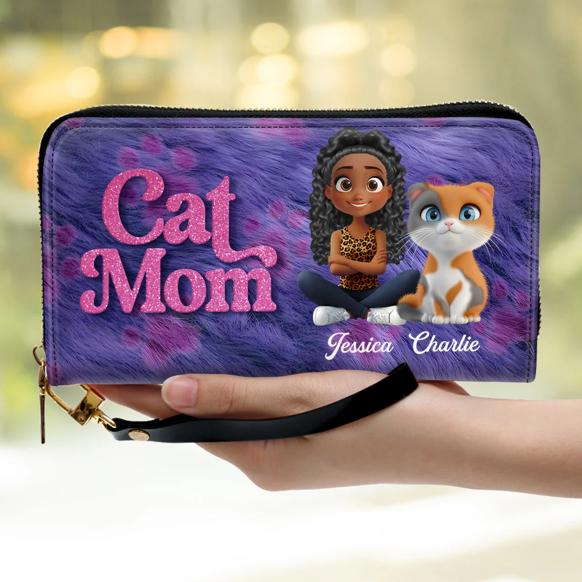 Bling Cat Mom Cartoon - Personalized Custom Leather Wallet - Image 2