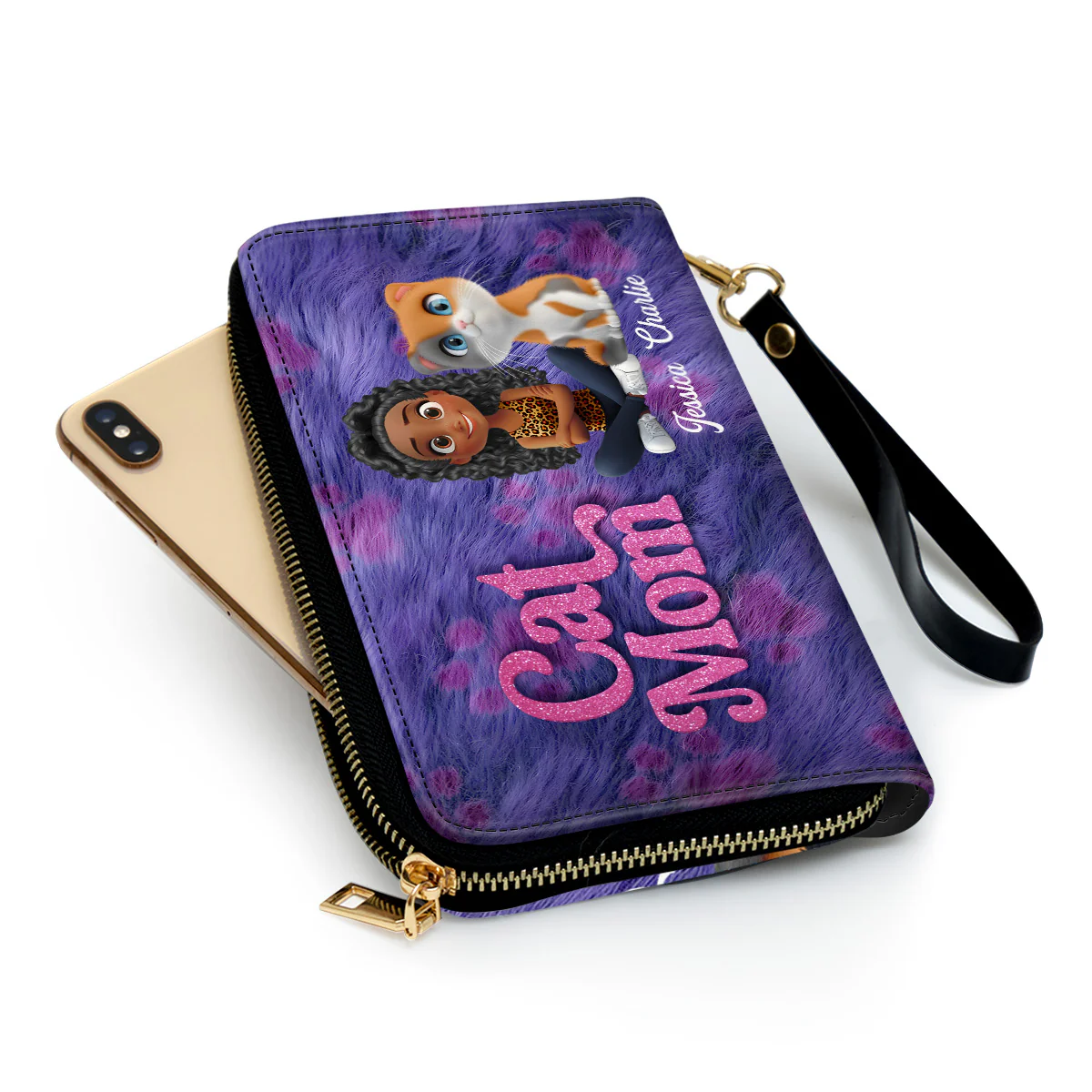Bling Cat Mom Cartoon - Personalized Custom Leather Wallet - Image 3