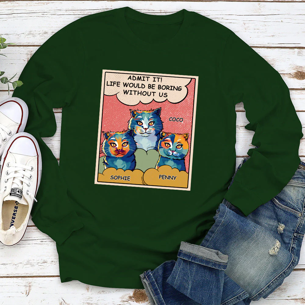 Boring Without Cat - Personalized Custom Long Sleeve T-shirt - Image 2