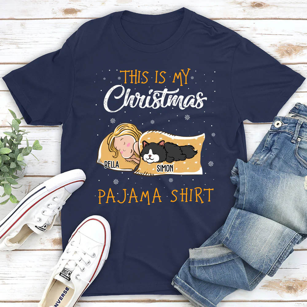 Cat Christmas Pajama Shirt - Personalized Custom Unisex T-shirt - Image 2