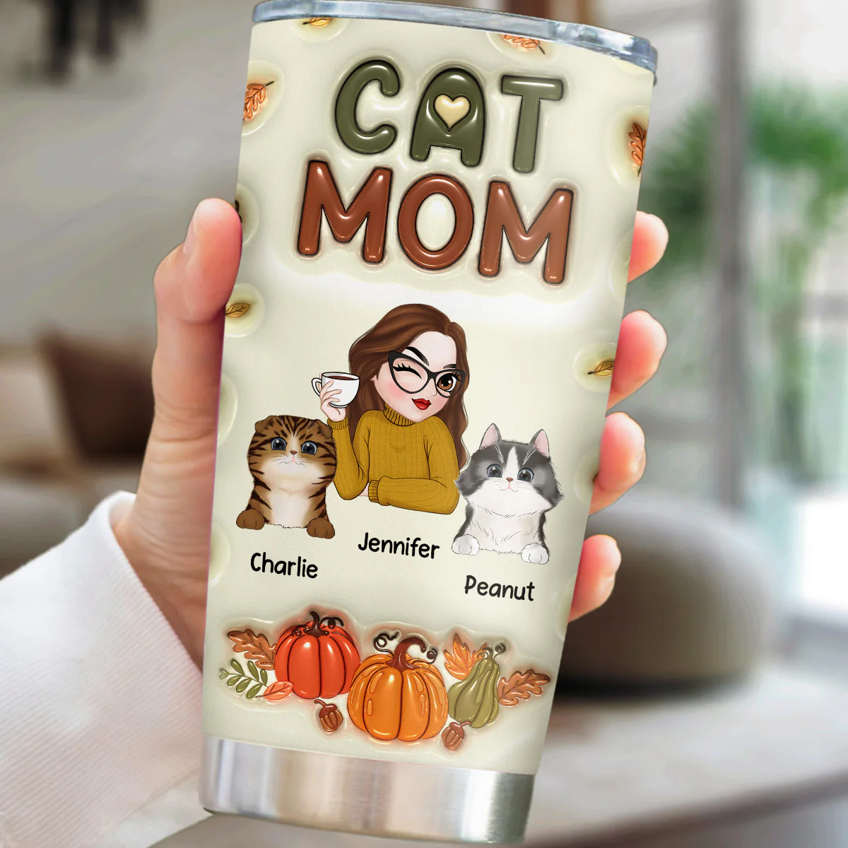 Cat Mom Autumn Version - Personalized Custom 3D Inflated Effect Tumbler - Image 2