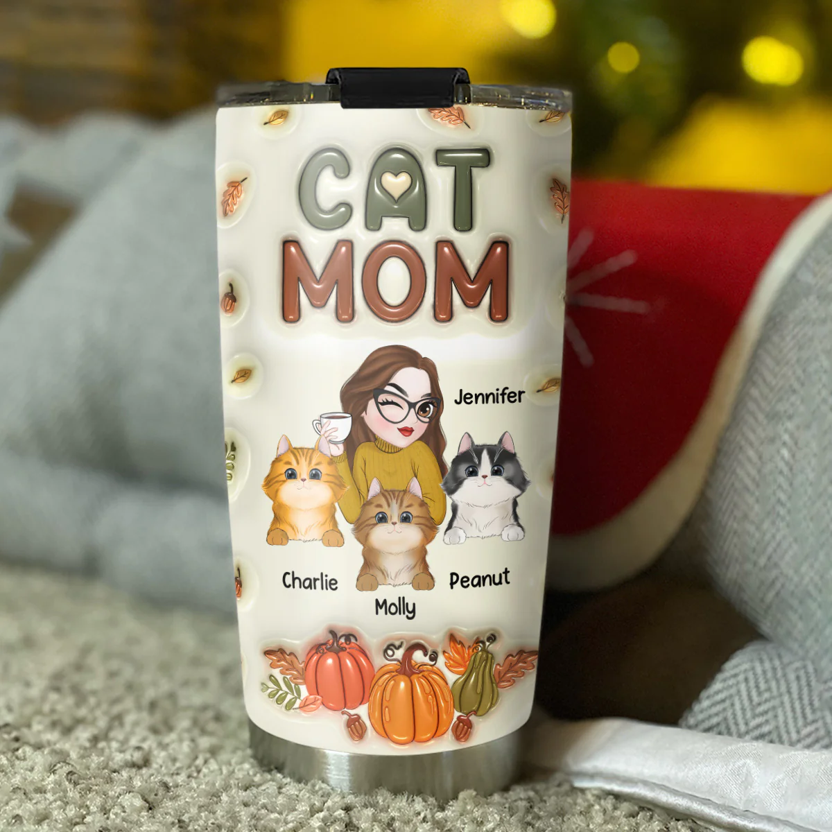 Cat Mom Autumn Version - Personalized Custom 3D Inflated Effect Tumbler - Image 5