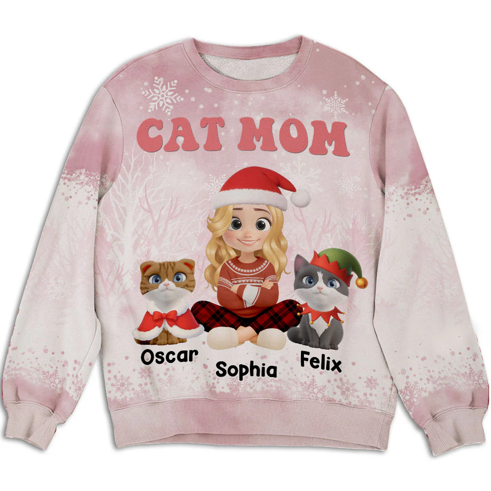 Cat Mom Christmas 2025 - Personalized Custom All-Over-Print Sweatshirt