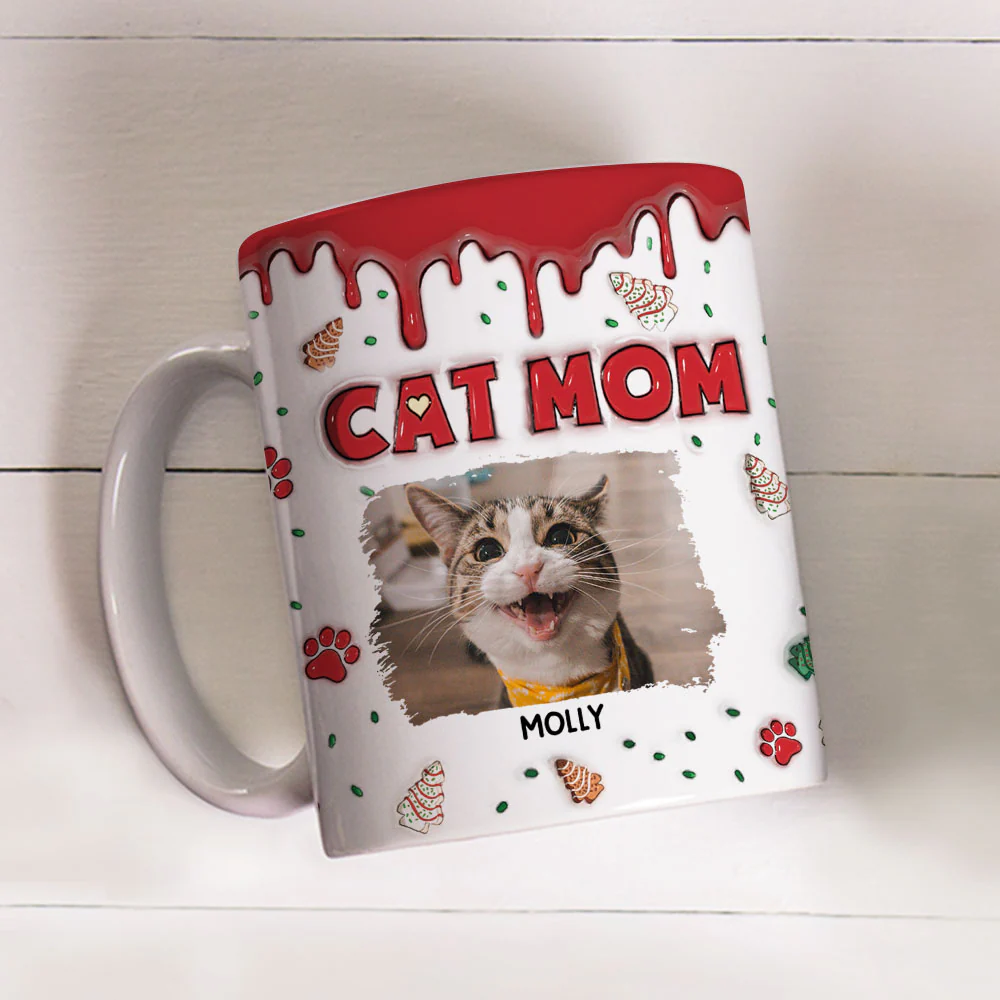 Cat Mom Christmas Cake Photo - Personalized Custom 3D Inflated Effect Mug - Image 2