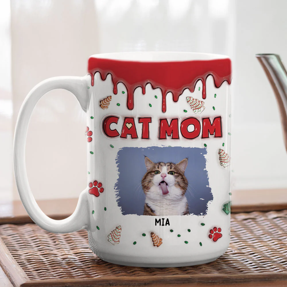 Cat Mom Christmas Cake Photo - Personalized Custom 3D Inflated Effect Mug - Image 6