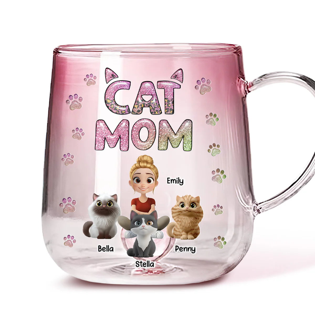 Cat Mom Lovely Chibi - Personalized Custom Pink Gradient Glass Mug - Image 5