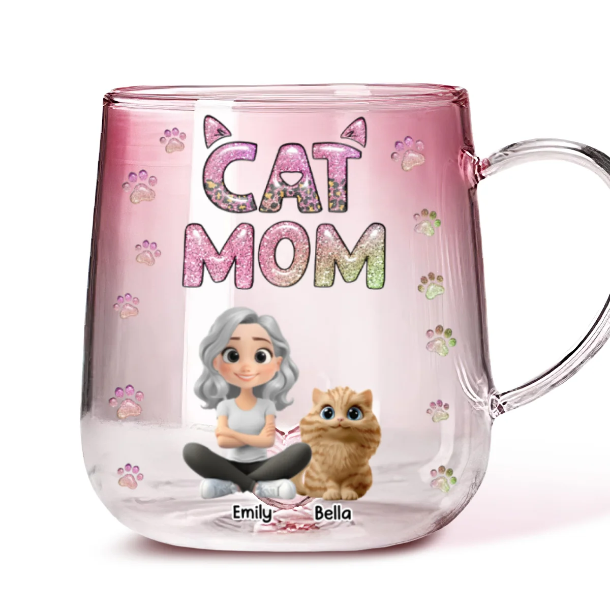 Cat Mom Lovely Chibi - Personalized Custom Pink Gradient Glass Mug - Image 6