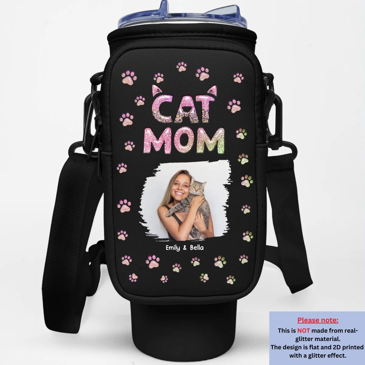 Cat Mom Lovely Chibi Photo - Personalized Custom Water Bottle Carrier Bag - Image 9