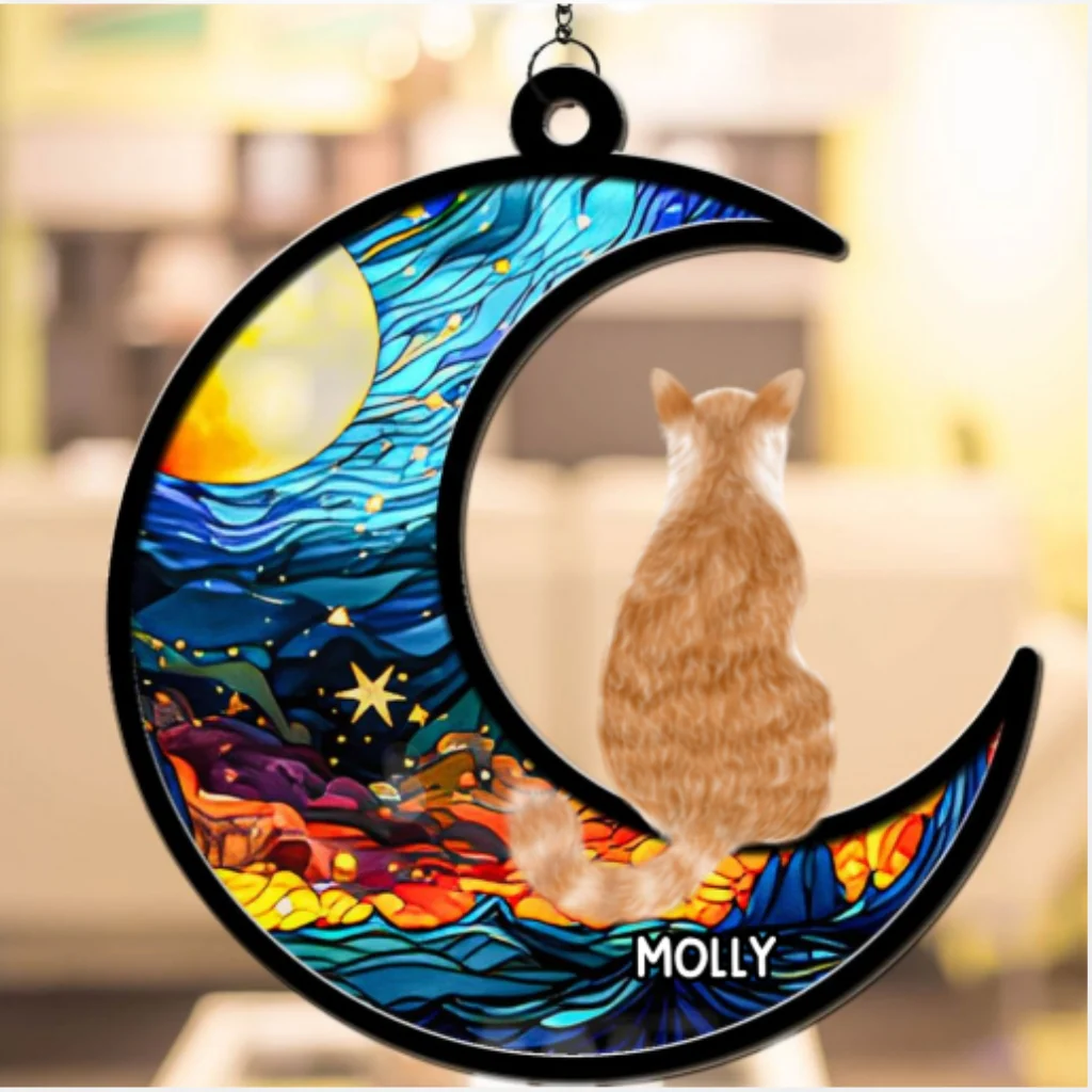 Cat Sitting On The Moon - Personalized Custom Suncatcher - Image 5