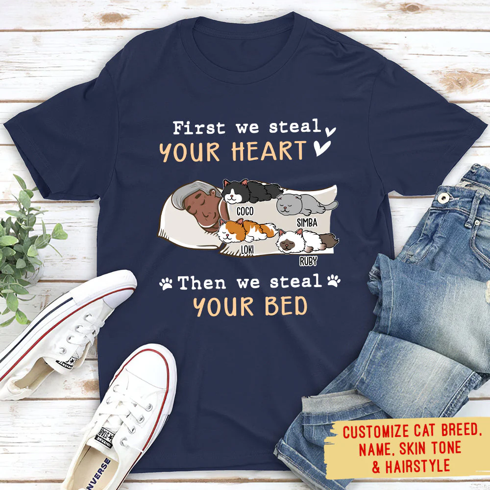 Cats Steal Your Heart & Bed - Personalized Custom Unisex T-shirt - Image 4