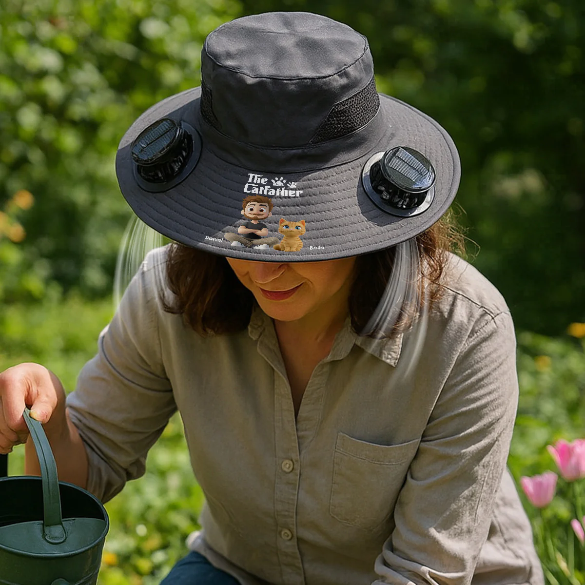 Cool Cat Farther - Personalized Custom Solar Fan Hat - Image 2