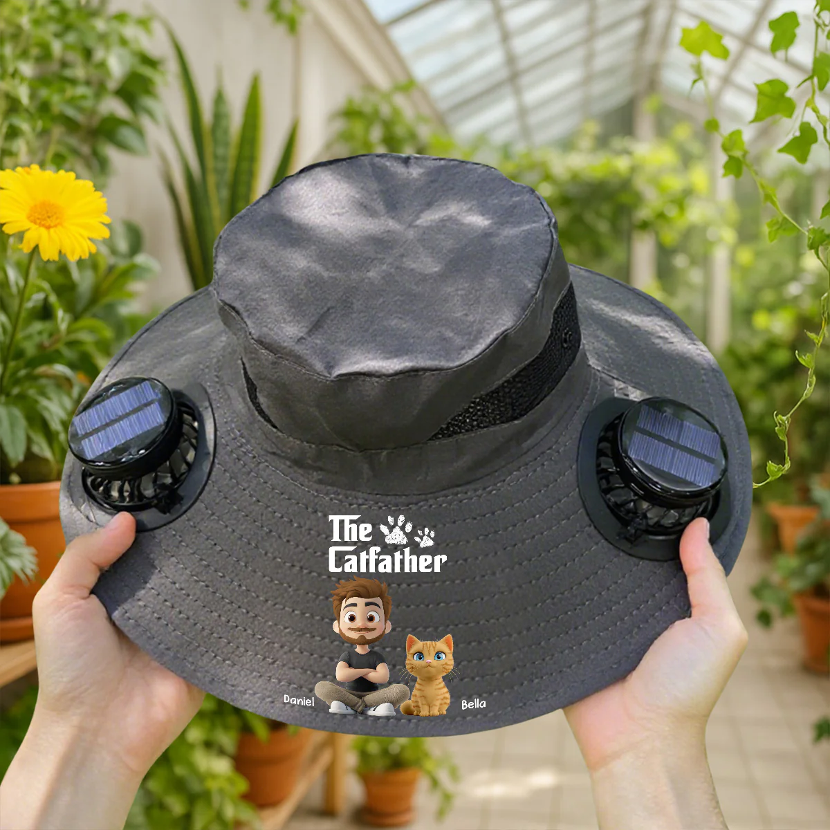 Cool Cat Farther - Personalized Custom Solar Fan Hat - Image 3