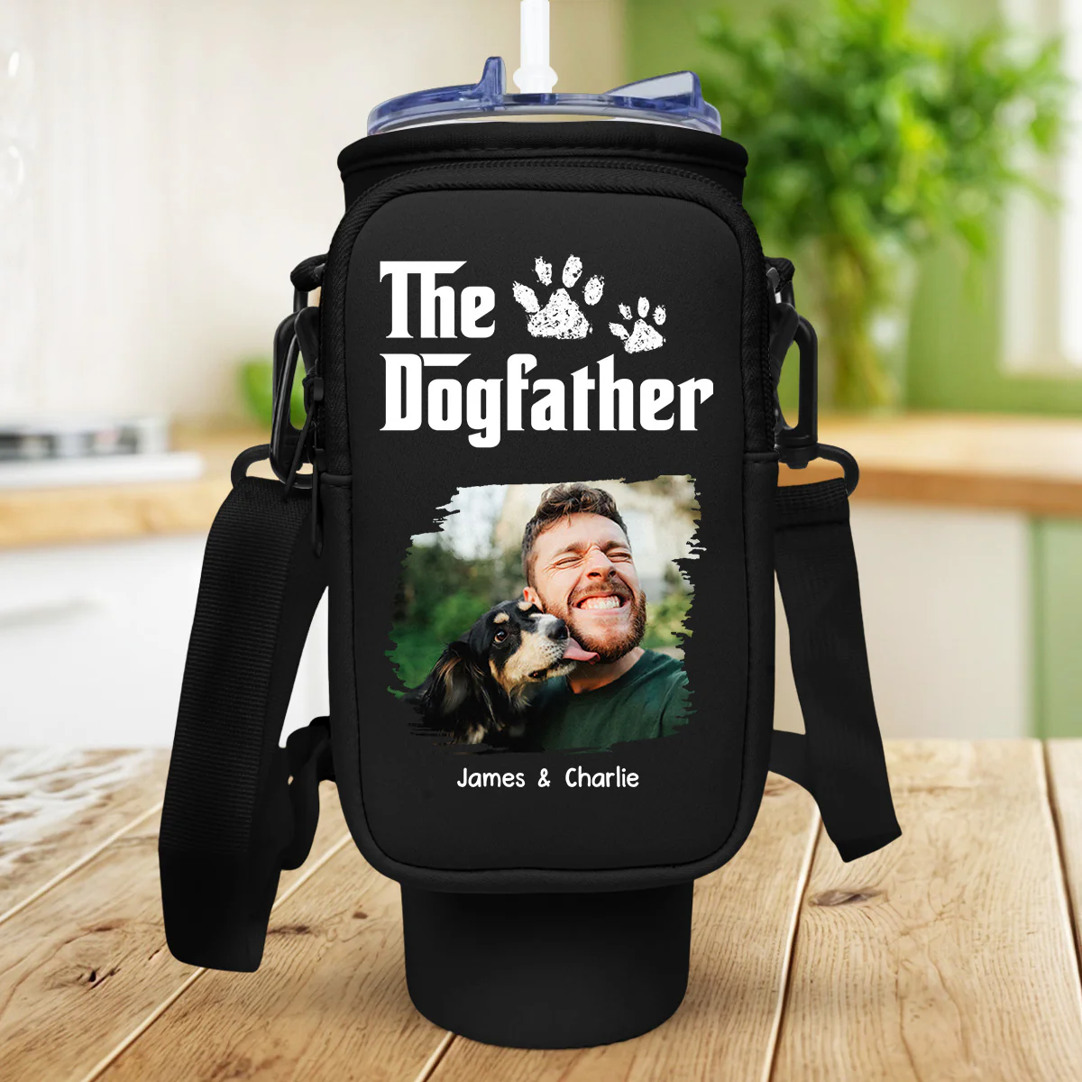 Cool Dog Father Photo - Personalized Custom Water Bottle Carrier Bag - Image 2