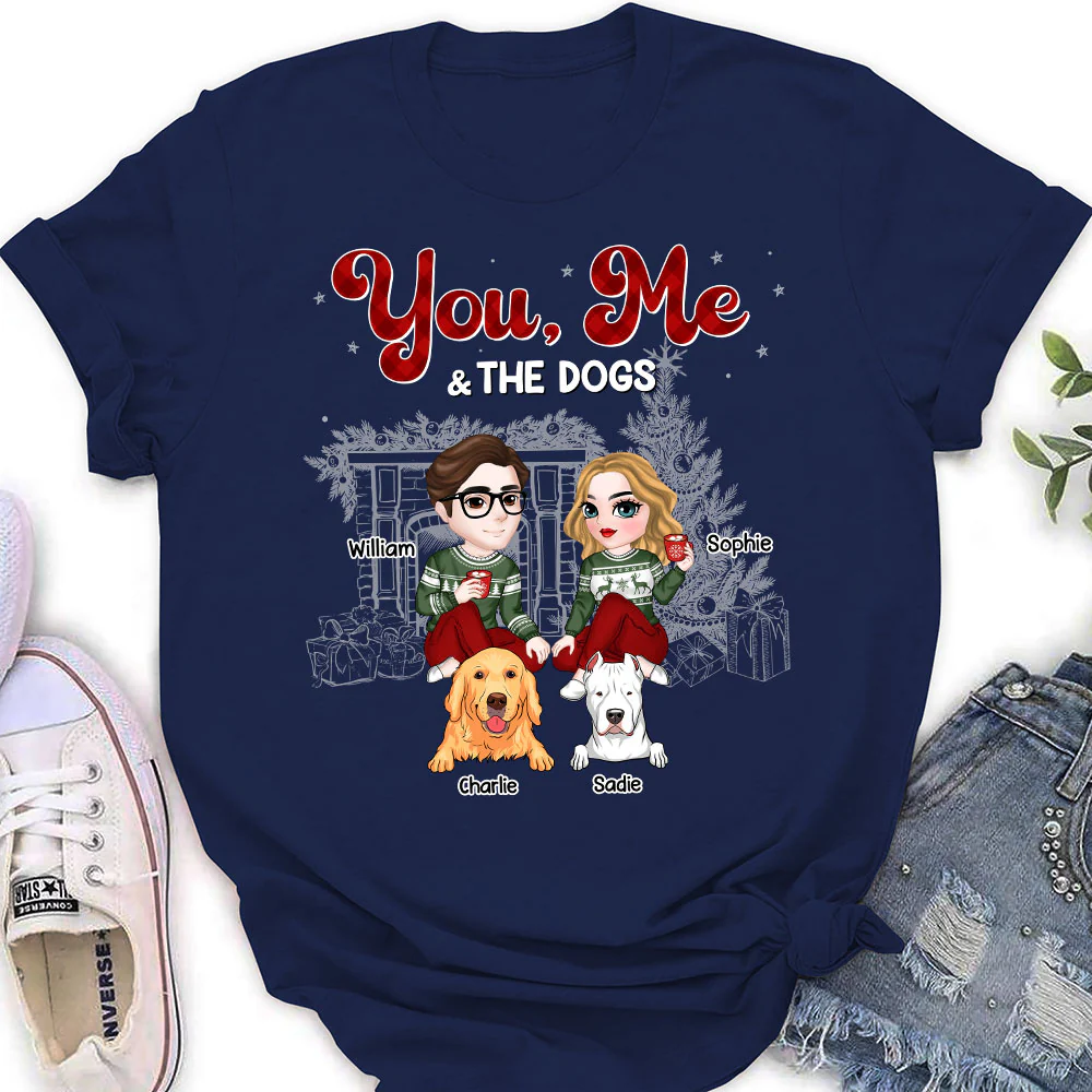 Couple And The Dogs Christmas - Personalized Custom Women's T-shirt - Image 3